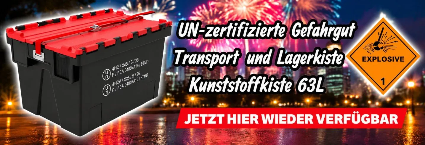 UN-zertifizierte Gefahrgutkiste 63L – ideal für Lagerung und Transport von Feuerwerk und Pyrotechnik