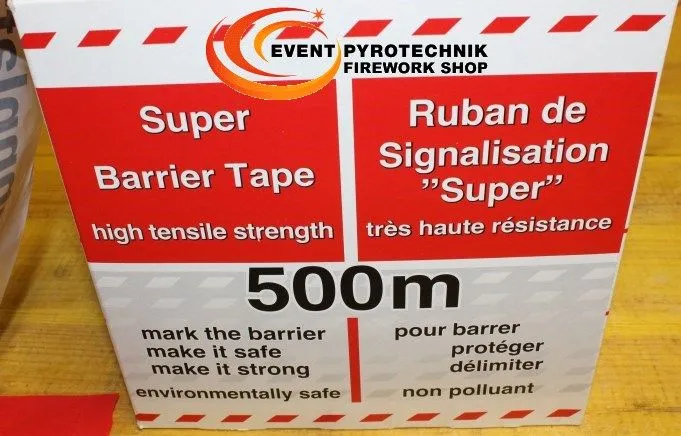 Absperrband &quote;Feuerwerk Abbrennplatz - Sperrzone&quote; | 500 m × 80 mm | Rot/Weiß | Reißfest | Spenderkarton