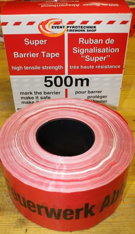 Absperrband &quote;Feuerwerk Abbrennplatz - Sperrzone&quote; | 500 m × 80 mm | Rot/Weiß | Reißfest | Spenderkarton