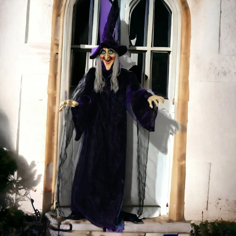 Animierte Halloween Hexenfigur | 175 cm | Sound- und Lichteffekte | USB & Batteriebetrieb