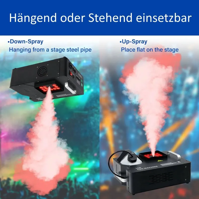 1500W Vertikal Fogger Nebelmaschine mit RGB-LEDs und LCD DMX-Steuerung | Hochleistungs-Nebelmaschine