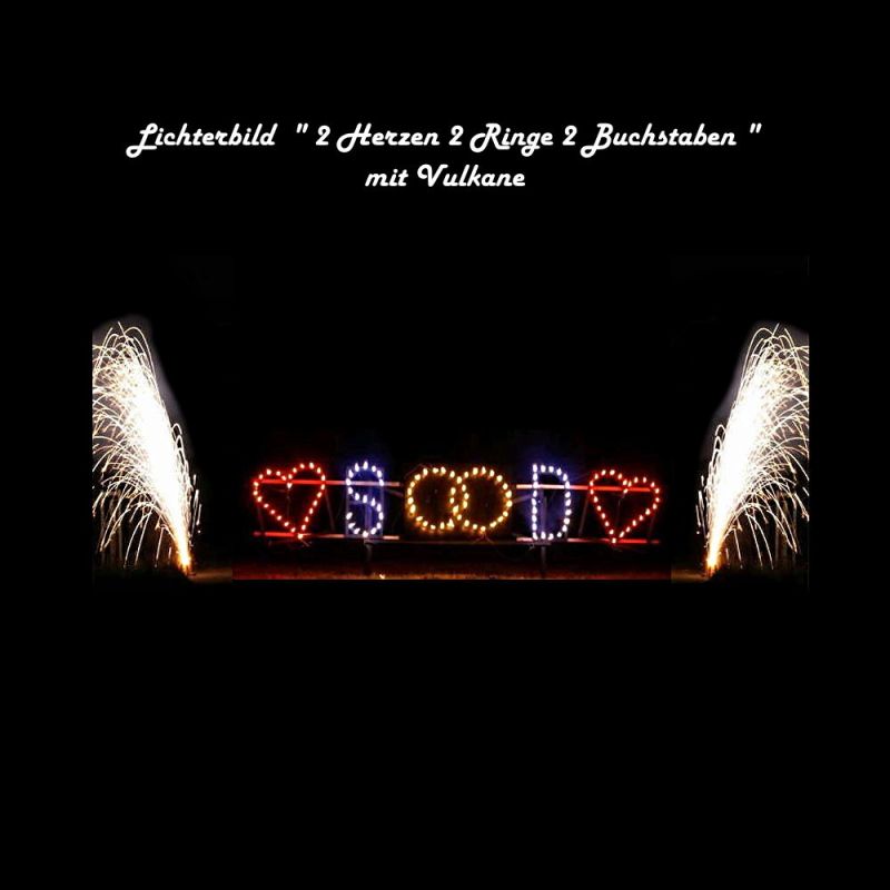 Komplett aufgebautes Lichterbild 2 Herzen 2 Ringe 2 Buchstaben