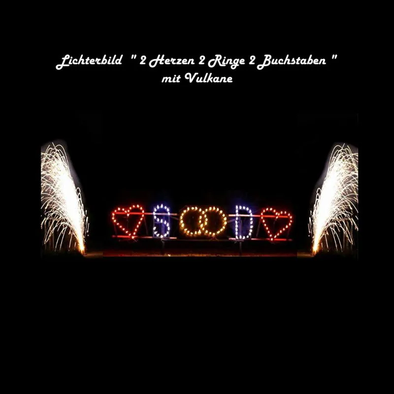 Komplett aufgebautes Lichterbild 2 Herzen 2 Ringe 2 Buchstaben