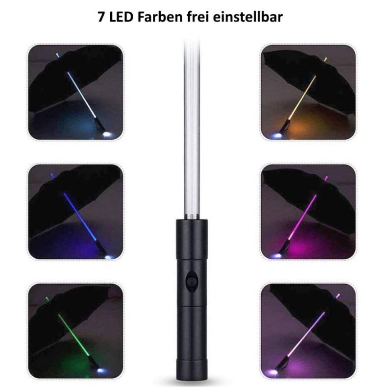 LED-Regenschirm mit 7 Farben im Schaft & Taschenlampe | Wetter- und Party-Begleiter