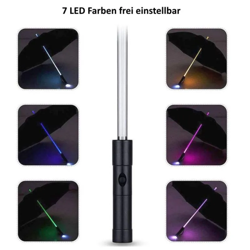 LED-Regenschirm mit 7 Farben im Schaft & Taschenlampe | Wetter- und Party-Begleiter