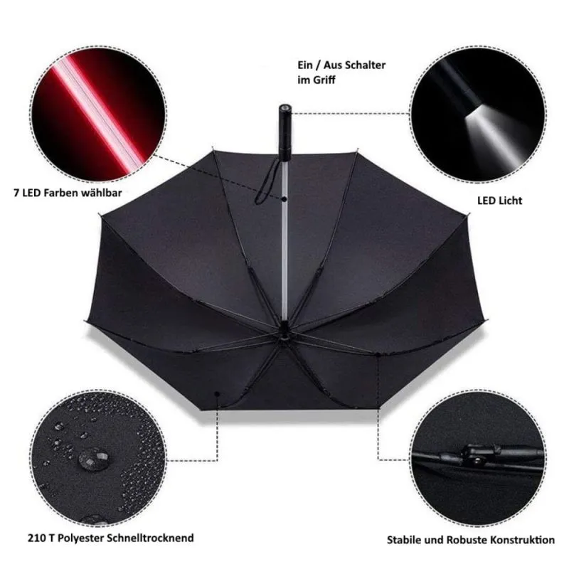 LED-Regenschirm mit 7 Farben im Schaft & Taschenlampe | Wetter- und Party-Begleiter