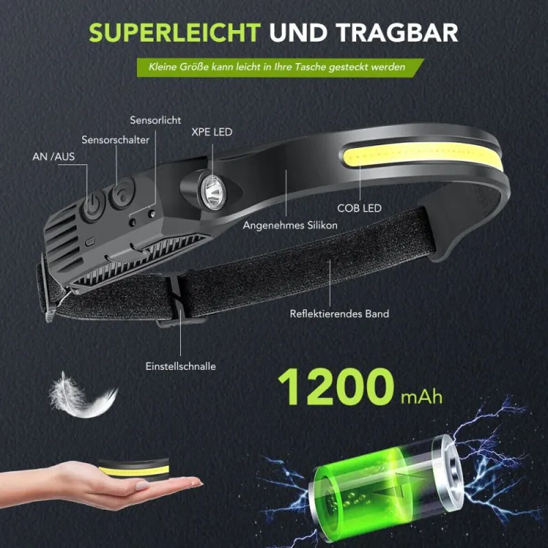 COB LED Sensor-Kopflampe | 550 Lumen | Bewegungssensor | Wetterfest | 100 g