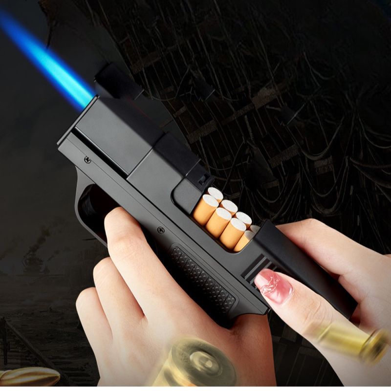 Feuerzeug Pistole Sturmfeuerzeug mit Zigaretten Fach Schwarz