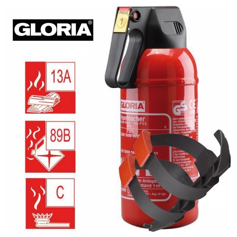 Gloria ABC Pulver Feuerlöscher P2G 2Kg mit Kfz Halter