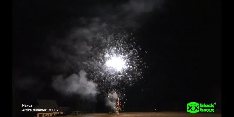 Nexus 15 Schuss – Silberne Crackling-Feuersäulen & knisternde Buketts | 20 mm | ca. 20 Sek. | Blackboxx