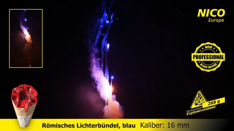Römisches Lichterbündel Blau 8 x 10 Schuss 16 mm 25 Sek. NICO