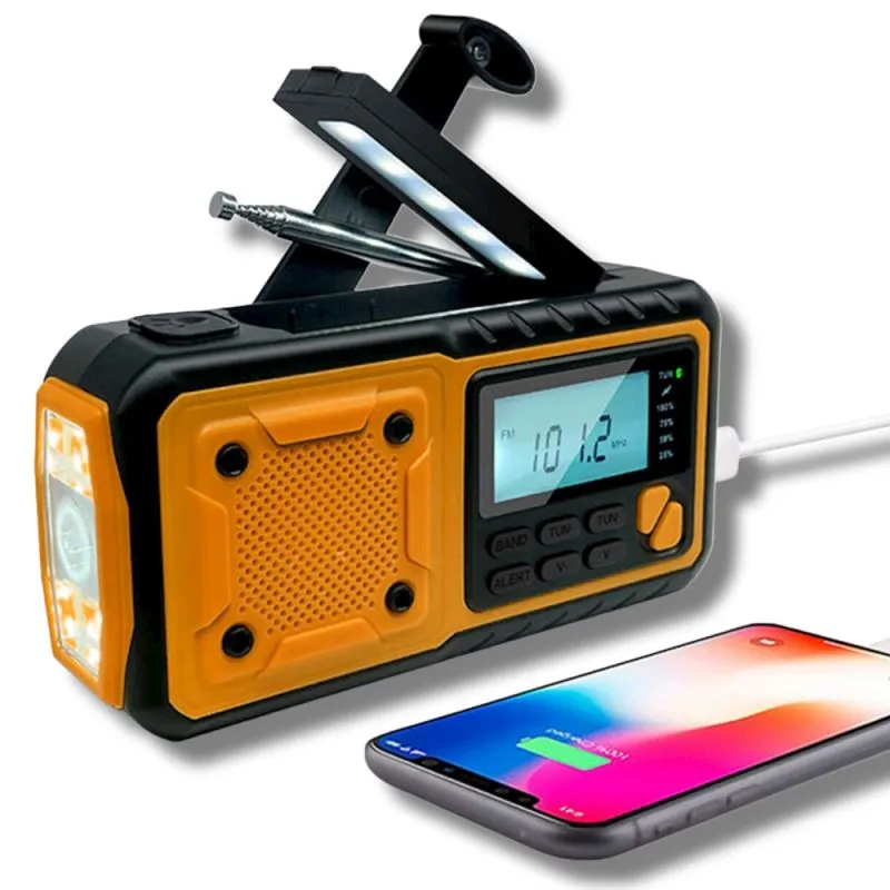Solar Notfall Kurbelradio mit LCD, LED Taschenlampe, 4000 mAh Powerbank, Typ-C USB | Schwarz-Orange