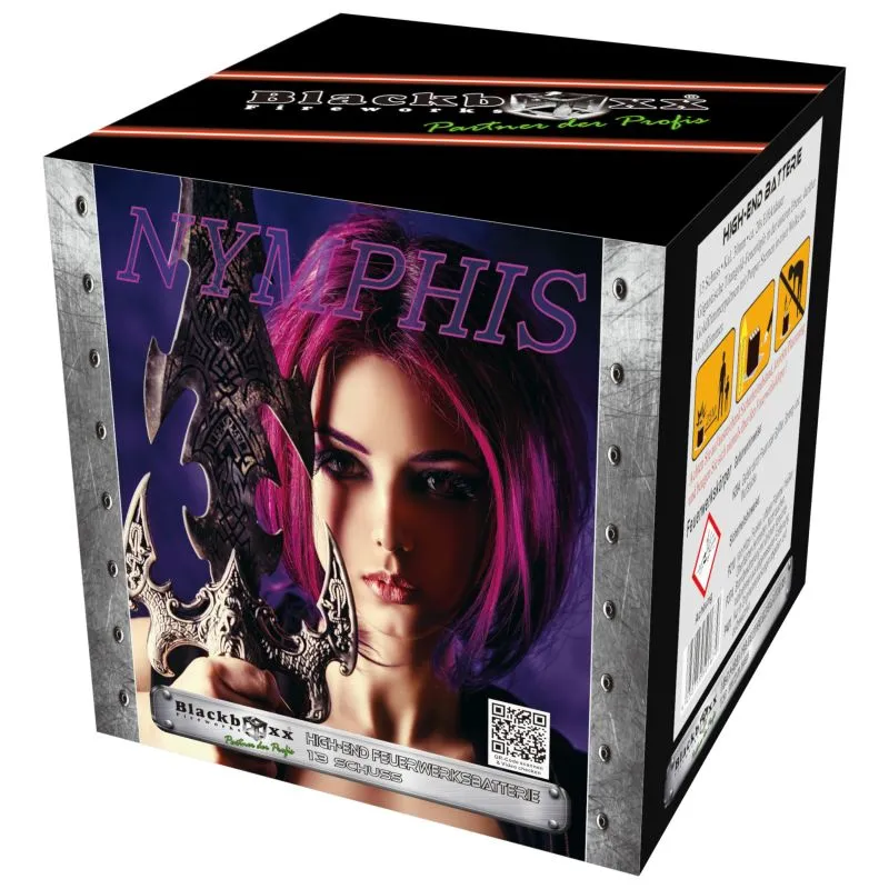 Nymphis 13 Schuss – Titangold-Feuertöpfe & Goldflimmerpalmen mit Purpursternen | 30 mm | ca. 20 Sek. | Blackboxx