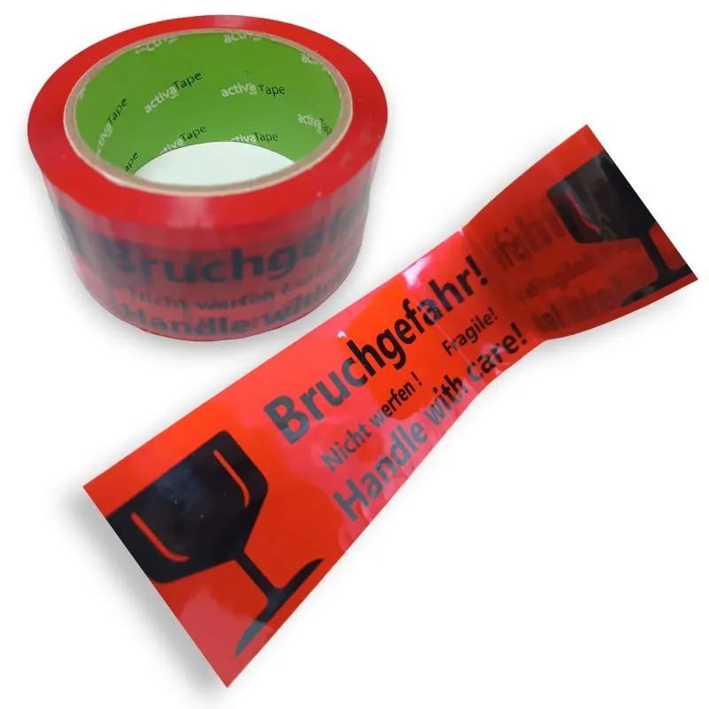 Packband Klebeband 48 mm x 66 m Low Noise Rot mit Aufdruck &quote;Bruchgefahr&quote;
