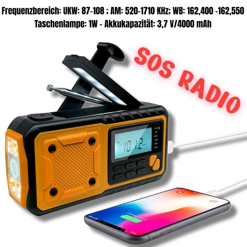 Solar Notfall Kurbelradio mit LCD, LED Taschenlampe, 4000 mAh Powerbank, Typ-C USB | Schwarz-Orange