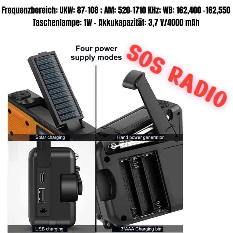 Solar Notfall Kurbelradio mit LCD, LED Taschenlampe, 4000 mAh Powerbank, Typ-C USB | Schwarz-Orange