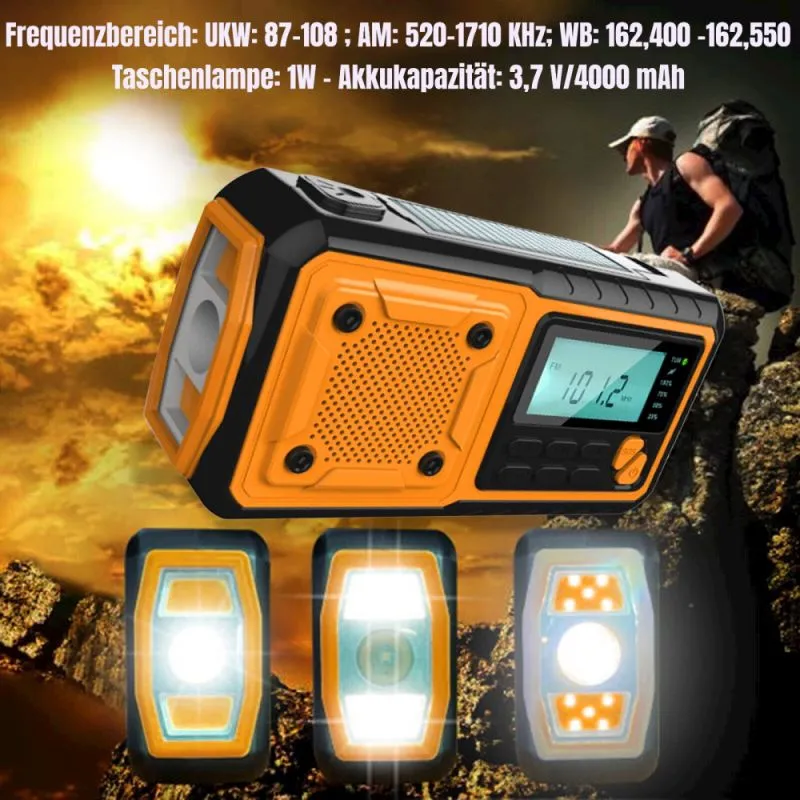 Solar Notfall Kurbelradio mit LCD, LED Taschenlampe, 4000 mAh Powerbank, Typ-C USB | Schwarz-Orange