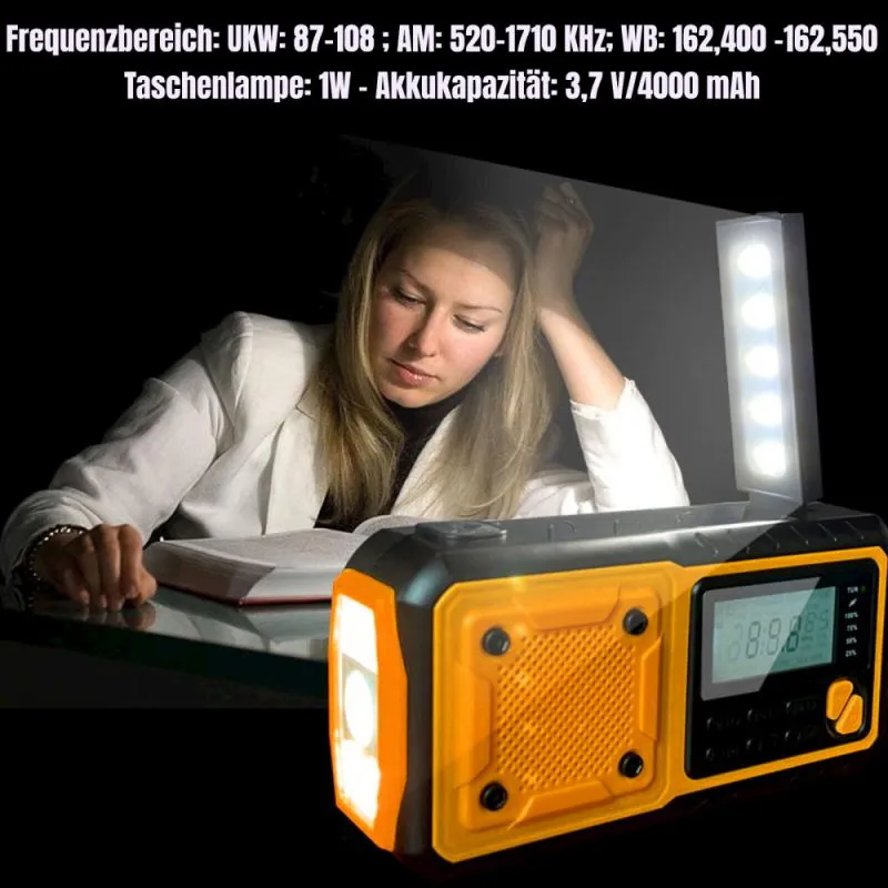 Solar Notfall Kurbelradio mit LCD, LED Taschenlampe, 4000 mAh Powerbank, Typ-C USB | Schwarz-Orange