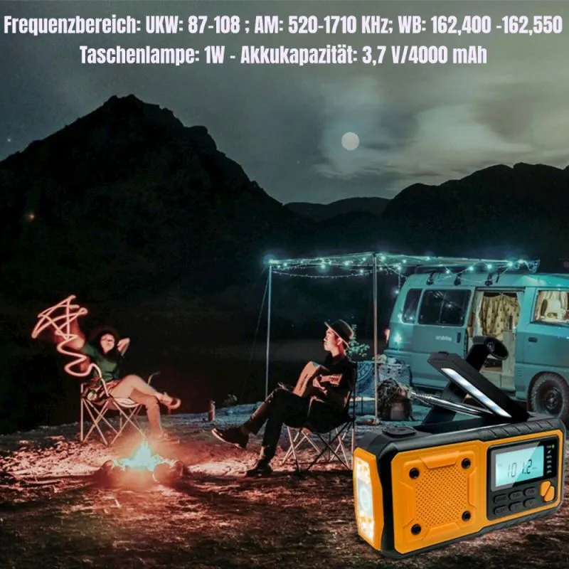Solar Notfall Kurbelradio mit LCD, LED Taschenlampe, 4000 mAh Powerbank, Typ-C USB | Schwarz-Orange