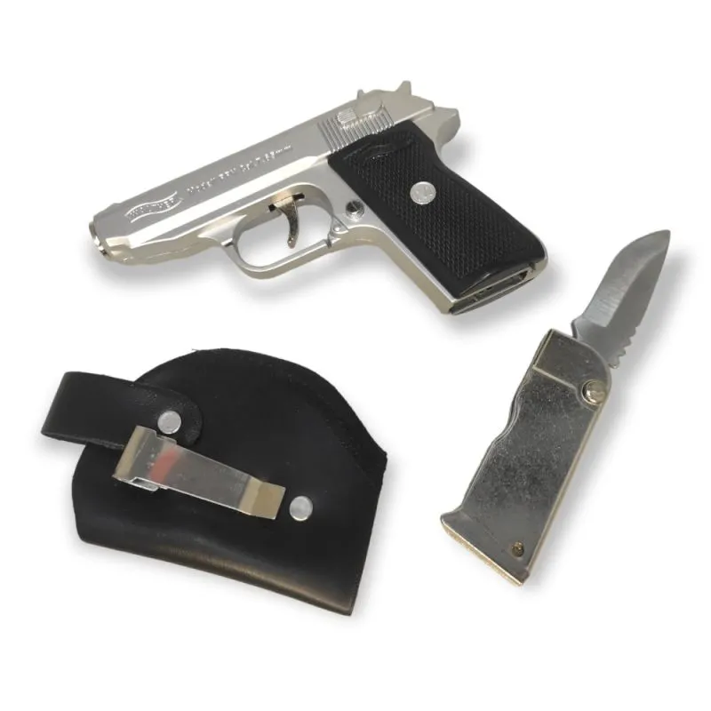 PPK Pistole Sturmfeuerzeug mit integriertem Messer | verchromt | Walther