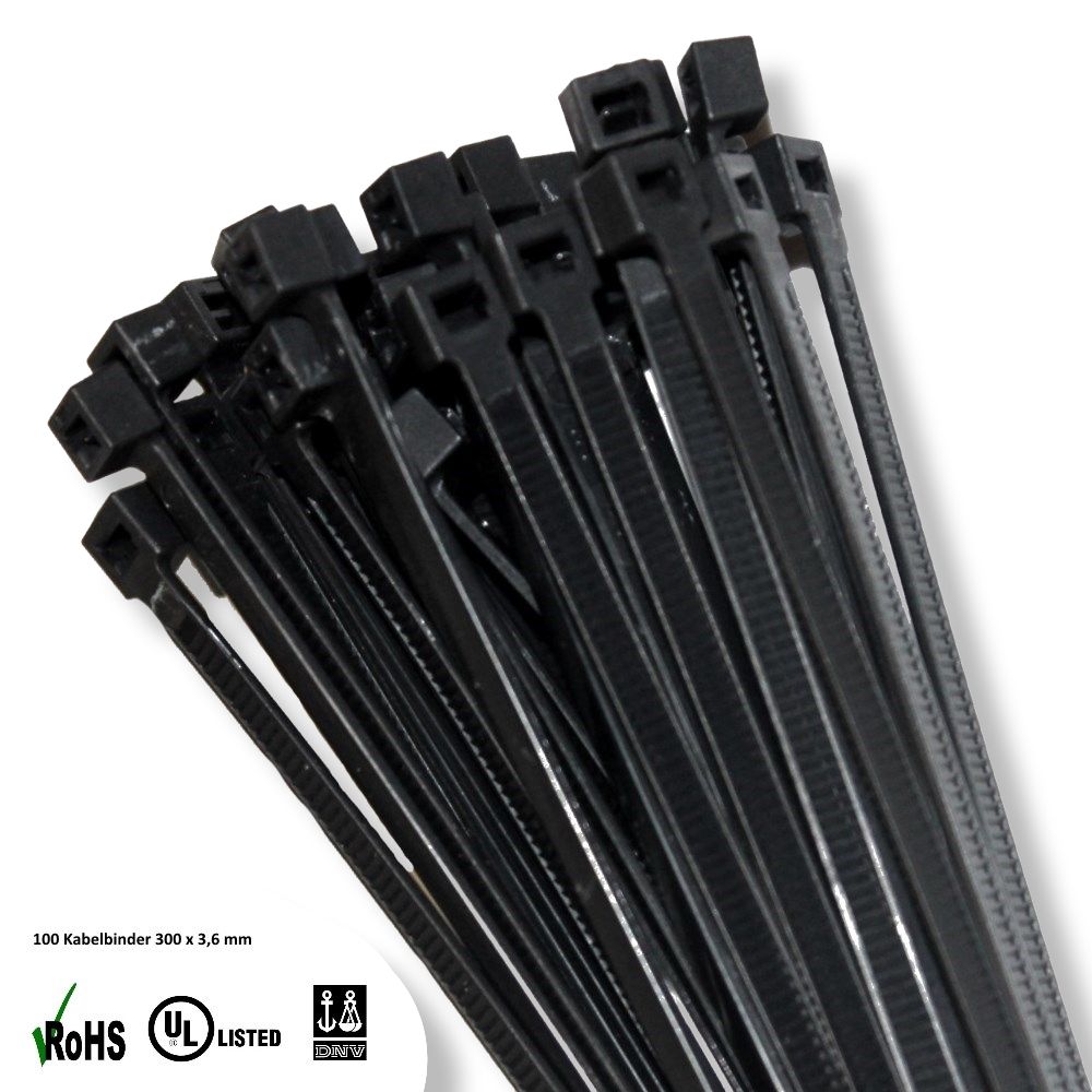 100 Kabelbinder 300 x 3,6 mm Schwarz 40°C bis +85°C